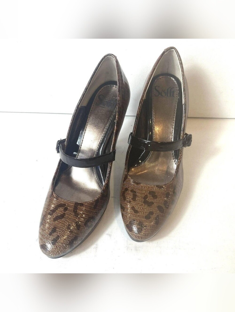 Sofft Brown Cheetah Print Patent Leather Mary Jane High Heels